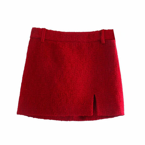 Textured Woolen Short Double Breasted Blazer Split Skirt