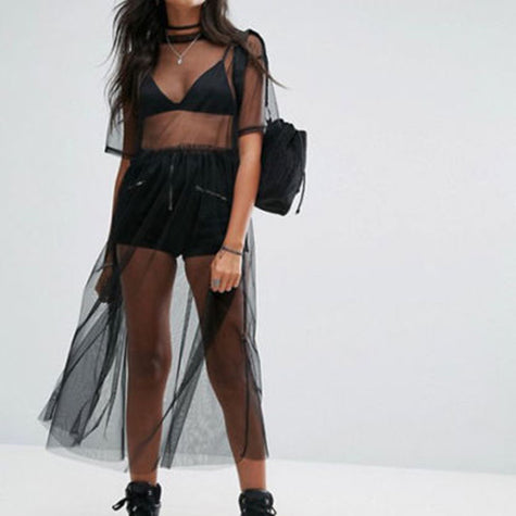 New Fashion Women Black Mesh Cover Up Sheer Short Sleeve Blouses Women Summer Long Casual Clothing Shirts