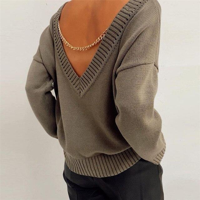 Ladies Sexy Deepv  Back Gold Chain Sweater Women