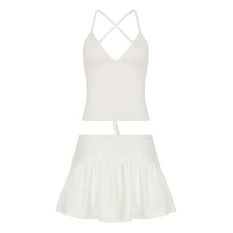 Solid Color And V-neck Hollow Out Strap Short Exercise Skirt Suit