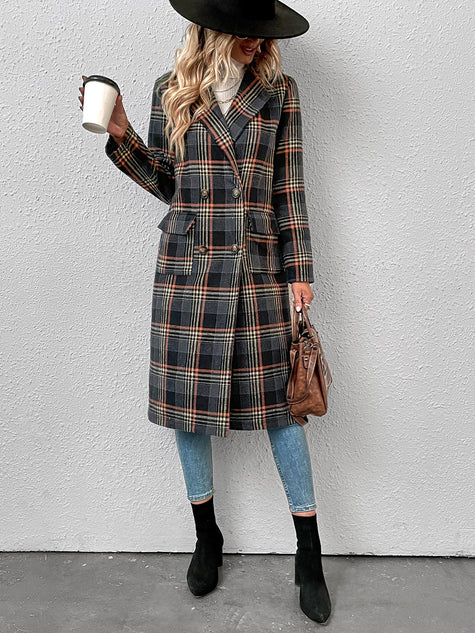 Women's Trendy Double Breasted Plaid Wool Coat
