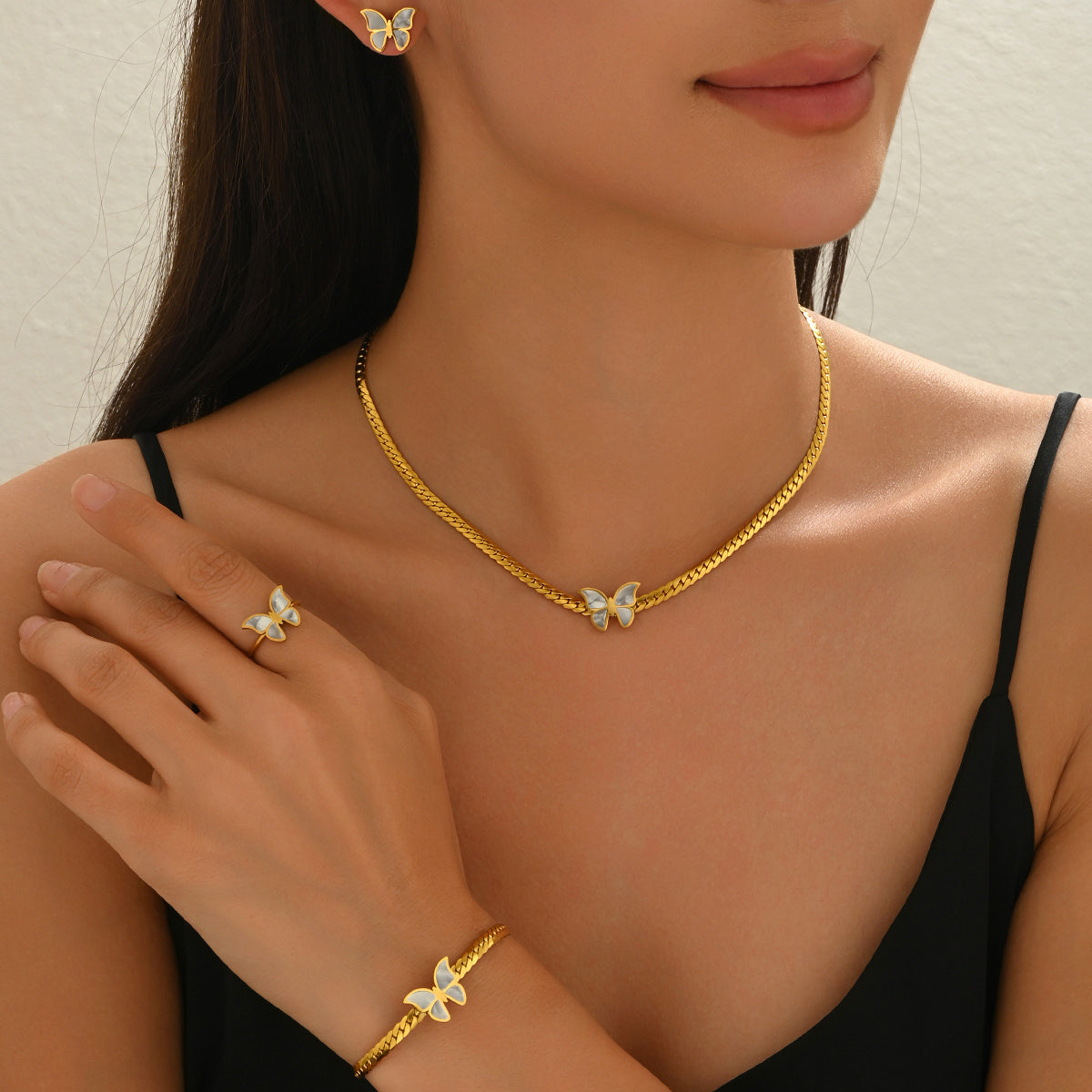 Lxalry 18K Gold Plated Butterfly Jewelry Set With Mirror Polish  Hypoallergenic Skin Safe 4PCS Necklace Earrings Bracelet Ring For Women, Never Fade Luxury Gift For Her