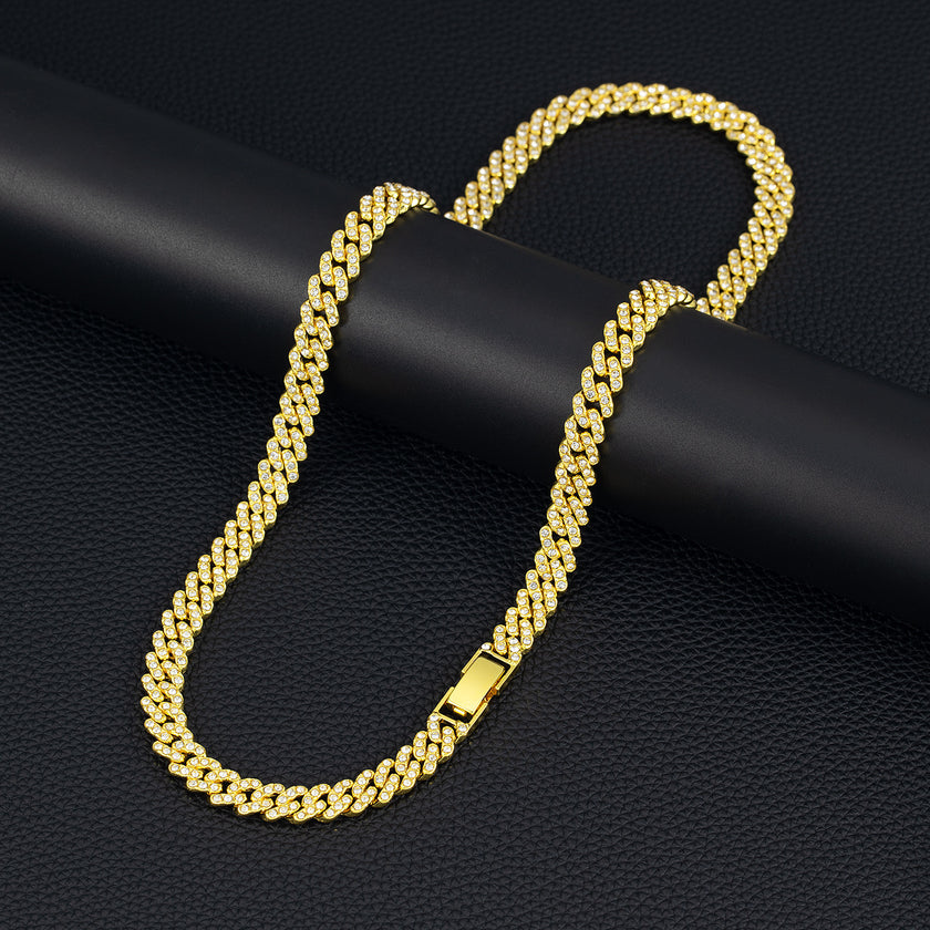 9mm Cuban Link Chain Alloy Single Row Drill Men's Necklace