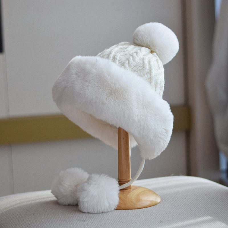 Fur Ball Lace-up Back Slit Ushanka Women's Warm Hat