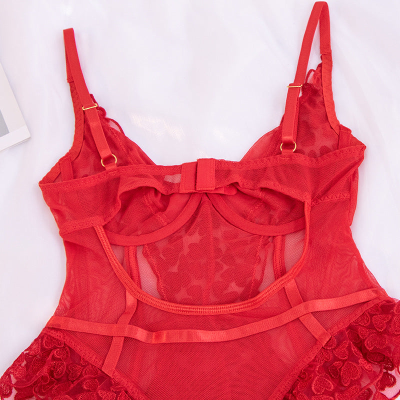 One-piece Underwear Mesh Embroidered Lace Stitching Deep V Suit