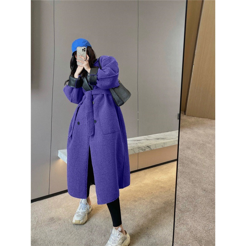 Fur Integrated Lamb Wool Medium Length Thickened Blue Coat