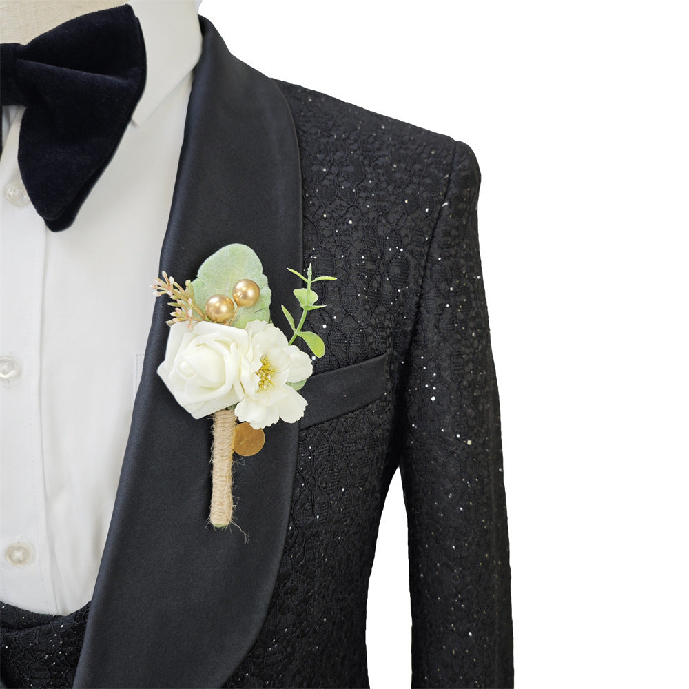 Shiny Black Men's Suit Set 3 Pieces Groomsmen Wedding Lace Costumes