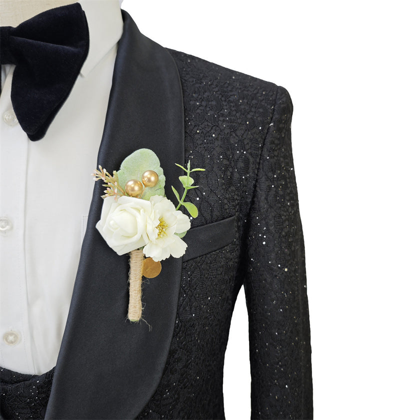 Shiny Black Men's Suit Set 3 Pieces Groomsmen Wedding Lace Costumes