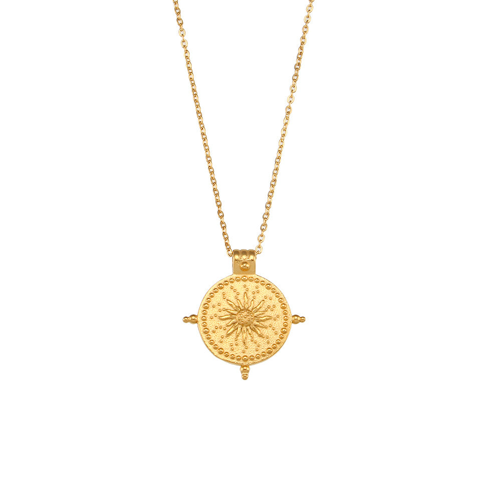Stainless Steel Plated 18K Gold Vintage Sun Compass Pendant Necklace
