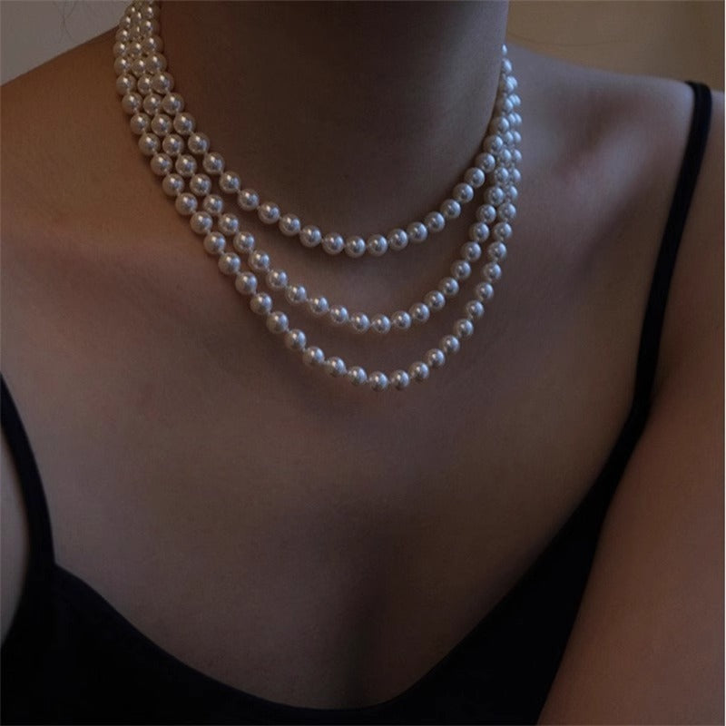 Vintage Double Deck And Multi-layer Twin Perfect Circle Long Pearl Necklace