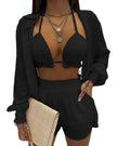 3pcs Print Beach Suits Wtih Lapel Long Sleeve Shirt Sexy Bra And Elastic Shorts Fashion Printed Set Clothing For Women