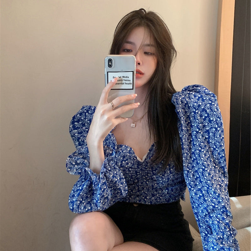 French Square Neck Floral Top For Women