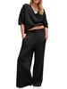 Fisoew Womens 2 Piece Outfits Casual V Neck Shirts Wide Leg Running Long Pants Loose Workout Tracksuit Sets