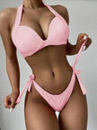 Solid Color Neck Bikini Strap Split Hard Cup Crimp Swimsuit