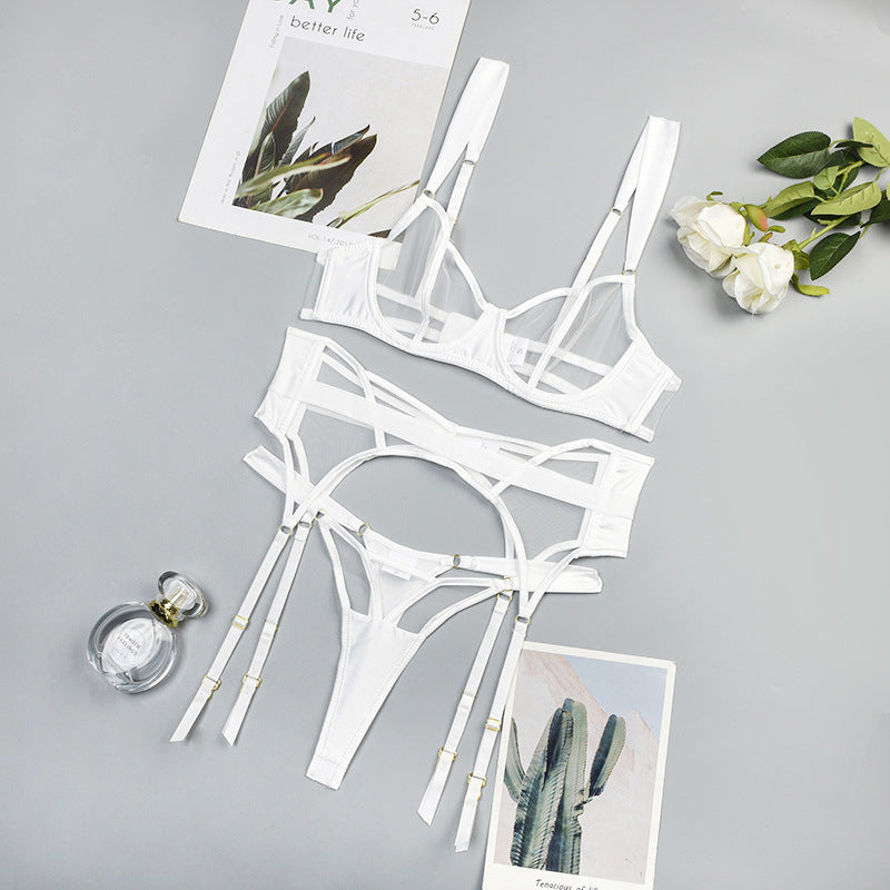 Sheer Mesh Women's Underwear Push Up Three-piece Set With Steel Ring