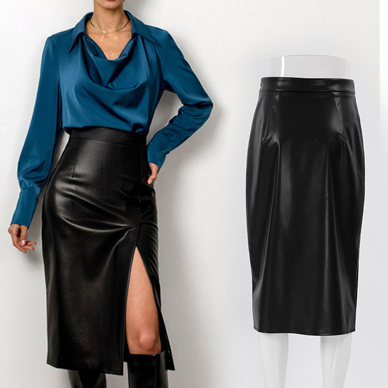 Leisure Split High Waist Leather Skirt