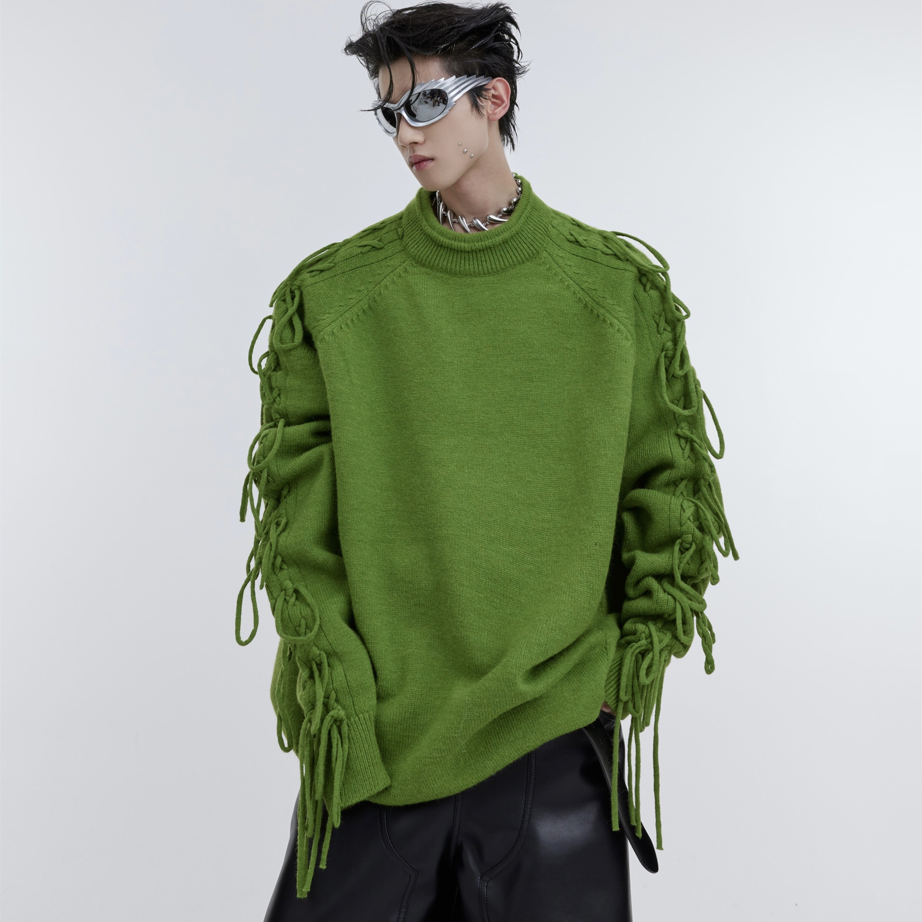 Deconstructed Fringe Design Crease Crease Neck Knit Sweater