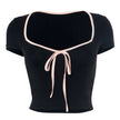Square Collar Contrast Color Bow Lace-up Crop-top Short Sleeve T-shirt Top