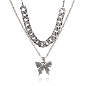 Alpcamers Double Layer Cuban Necklace Full Of Diamonds With Large Butterflies