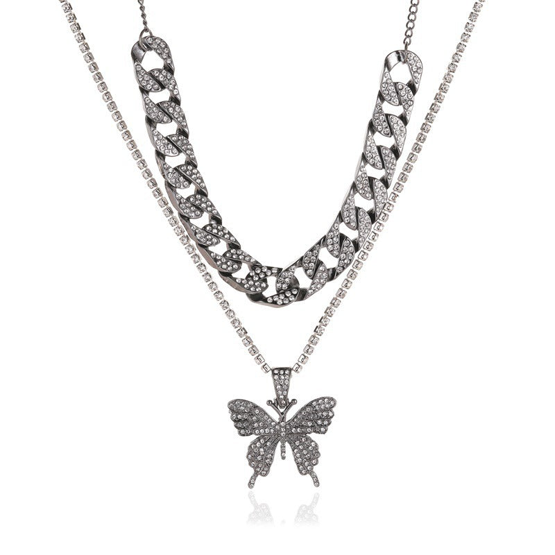 Alpcamers Double Layer Cuban Necklace Full Of Diamonds With Large Butterflies