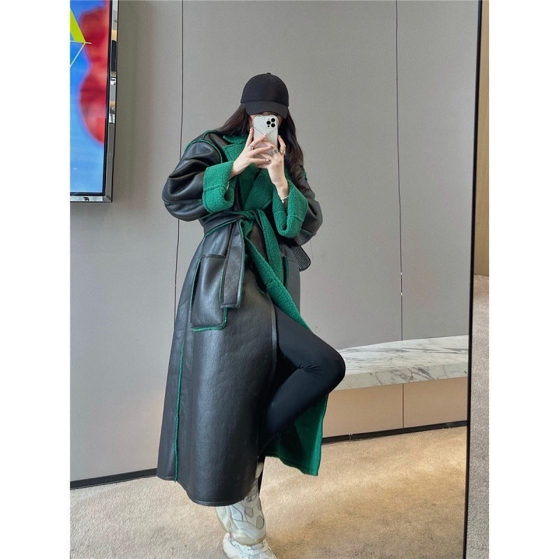 Fur Integrated Lamb Wool Medium Length Thickened Blue Coat