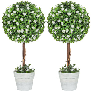Set Of 2 Decorative Artificial Plants, Ball Topiary Tree With Rose Flower In Pot, Fake Plants For Home Indoor Outdoor Decor, 60cm, White