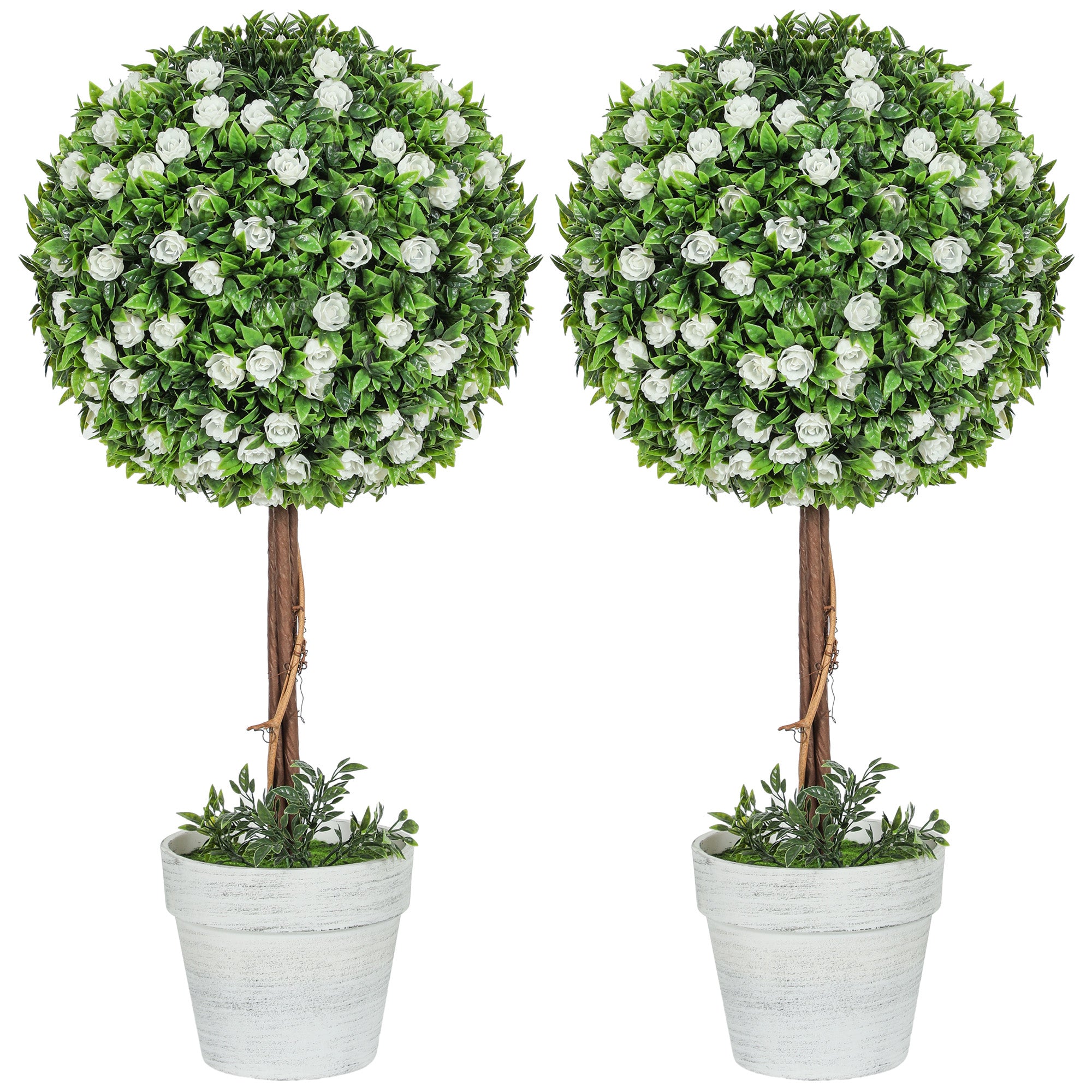 Set Of 2 Decorative Artificial Plants, Ball Topiary Tree With Rose Flower In Pot, Fake Plants For Home Indoor Outdoor Decor, 60cm, White