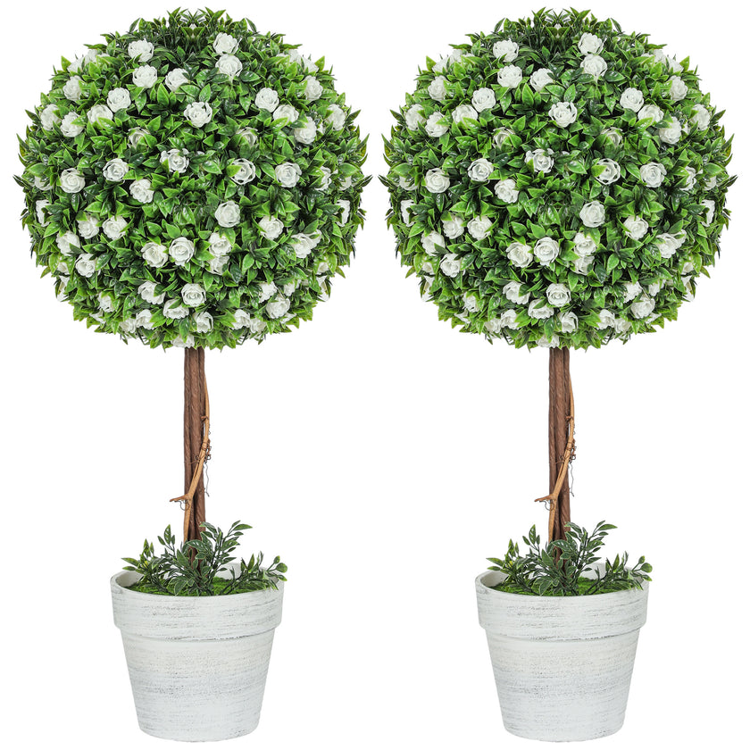 Set Of 2 Decorative Artificial Plants, Ball Topiary Tree With Rose Flower In Pot, Fake Plants For Home Indoor Outdoor Decor, 60cm, White