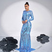 High-end Long Sleeve Temperament Crew Neck Sexy Long Sequined Banquet Evening Dress party