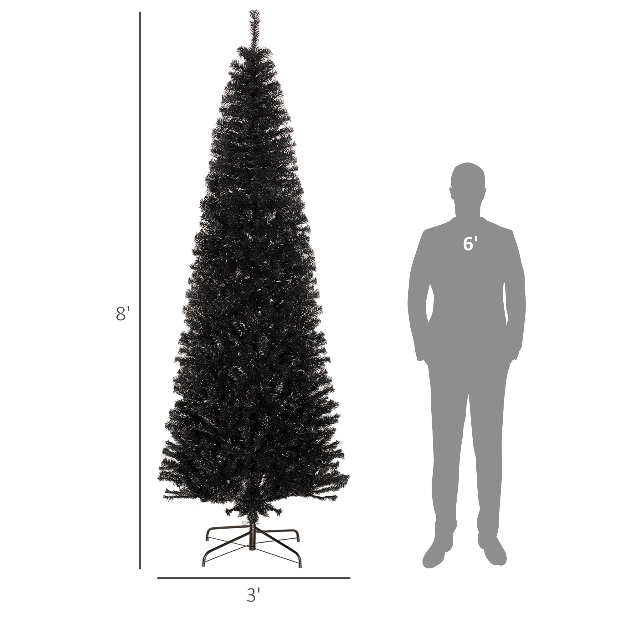 HOMCOM 8ft Pencil Christmas Tree, Unlit Artificial Christmas Tree Slim Douglas Fir Xmas Tree With Realistic Branches, Halloween Tree With 1168 Tips, Black