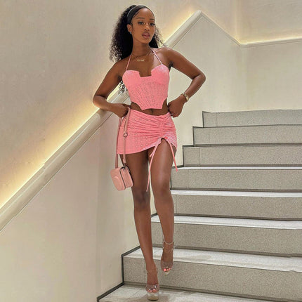 High Waisted Drawstring Pleated Skirt Two-piece Set