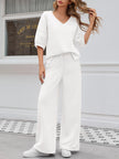 Fisoew Womens 2 Piece Outfits Casual V Neck Shirts Wide Leg Running Long Pants Loose Workout Tracksuit Sets