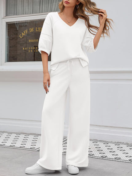 Fisoew Womens 2 Piece Outfits Casual V Neck Shirts Wide Leg Running Long Pants Loose Workout Tracksuit Sets