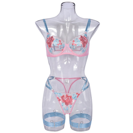 Women's Fashion Machine Embroidery Stitching Mesh Push Up Underwear Three-piece Set