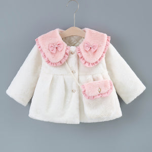 Girl's Sweet Flip Children's Clothing Bow Korean Style Solid Color Cotton Coat