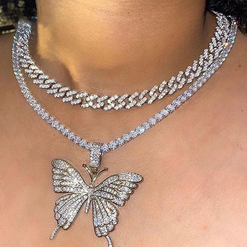 Alpcamers Double Layer Cuban Necklace Full Of Diamonds With Large Butterflies