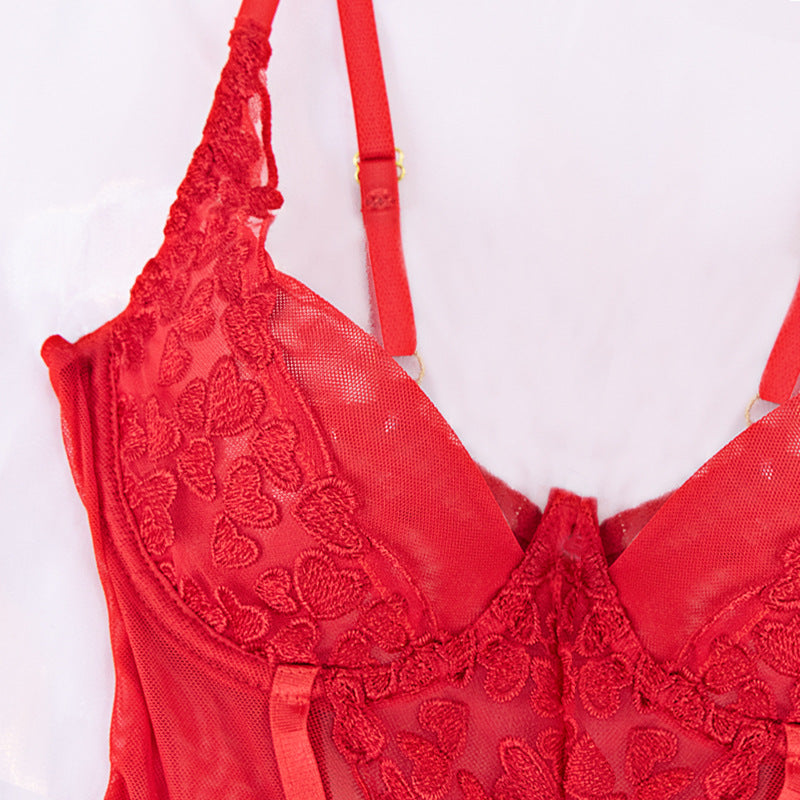 One-piece Underwear Mesh Embroidered Lace Stitching Deep V Suit