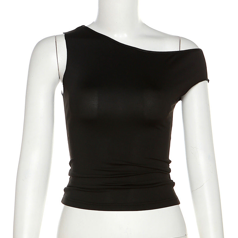 Women's Diagonal Collar Slim Fit Midriff-baring Solid Color Vest