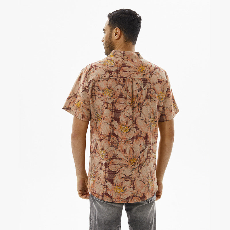 Fashionable Retro Pattern Half-open Stand Collar Short Sleeve Shirt