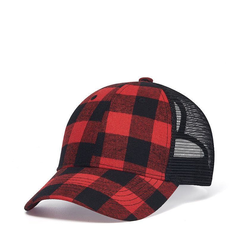 Women's Baseball Korean Style Wild Black And Red Plaid Curved Brim With Mesh Cap