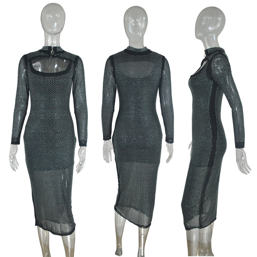 Long Sleeve Net Yarn Hot Rhinestone Dress Nightclub Dress