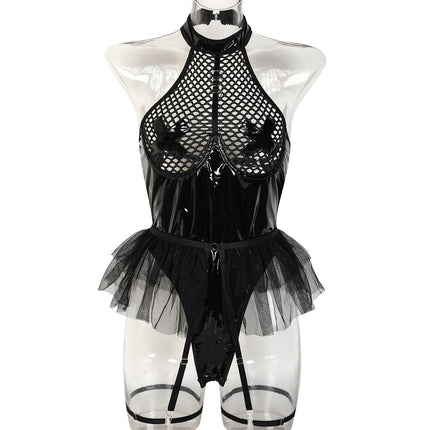 PU Patent Leather Large Grid Cross Pieced Hanging Neck Underwear