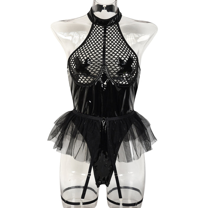 PU Patent Leather Large Grid Cross Pieced Hanging Neck Underwear