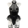 PU Patent Leather Large Grid Cross Pieced Hanging Neck Underwear