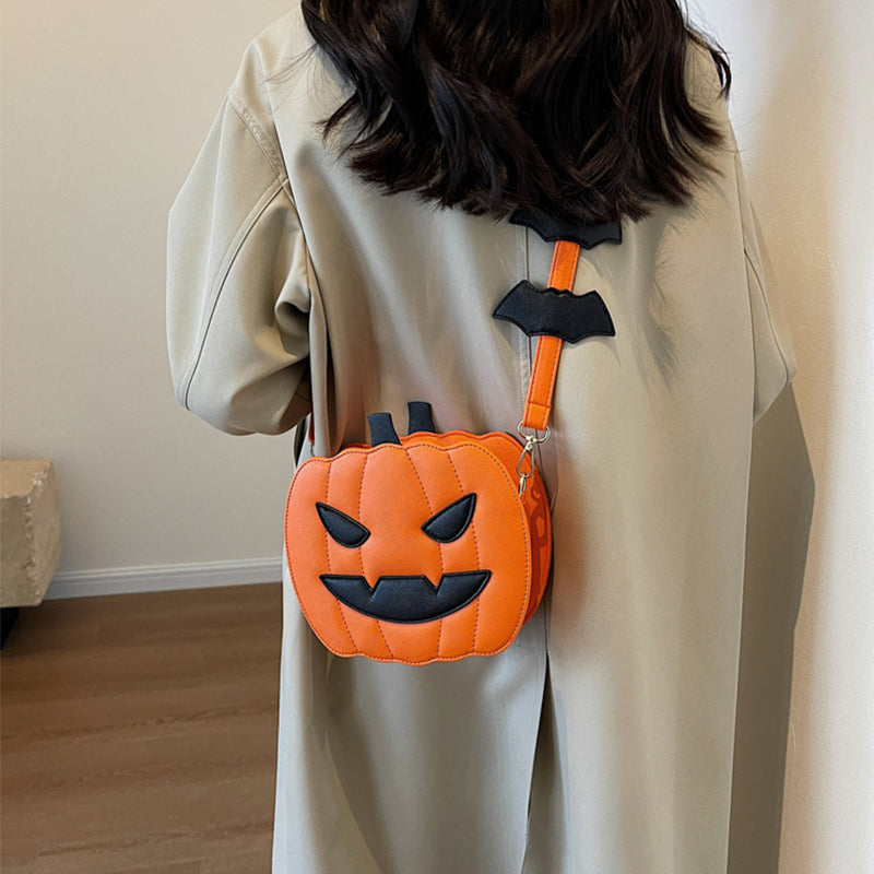 Funny Pumpkin Cartoon Shoulder Crossbody Bag With Bat Personalized Creative Female Bag