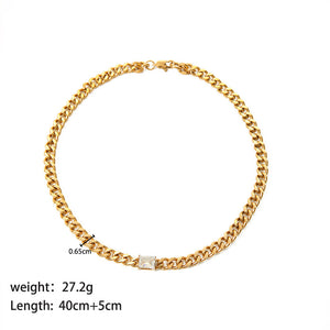 Stainless Steel Necklace Bracelet Jewelry Inlaid Rectangular Zircon 18K Gold Cuban Link Chain Necklace