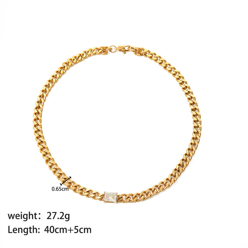 Stainless Steel Necklace Bracelet Jewelry Inlaid Rectangular Zircon 18K Gold Cuban Link Chain Necklace