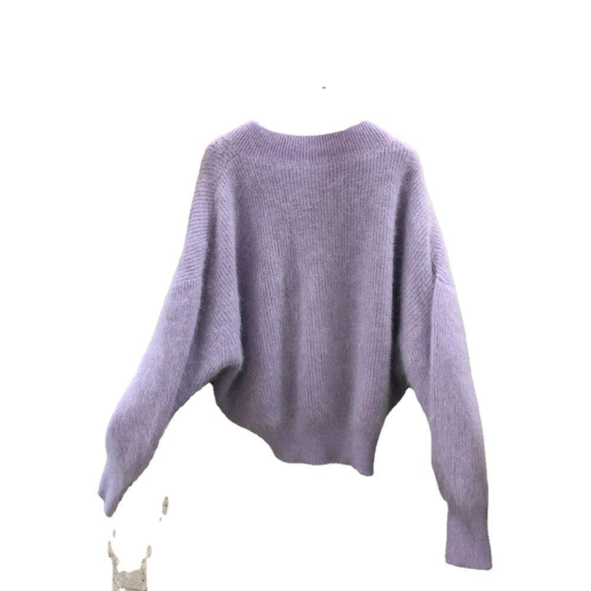 Western Style Lantern Sleeve Mink Wool Knit Sweater Women