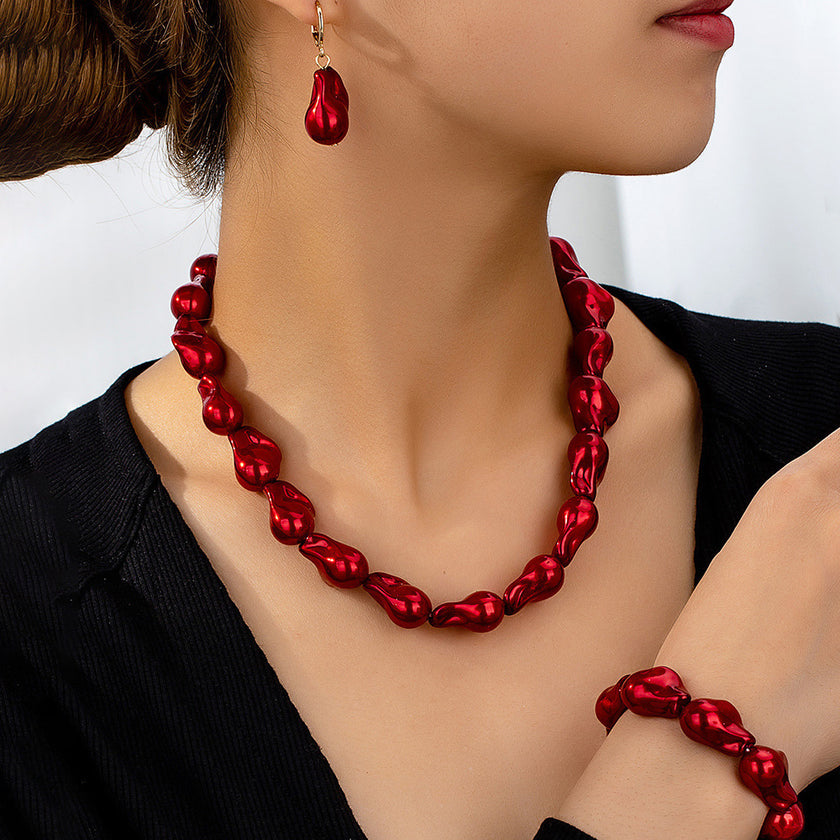 New Shaped Pearl Necklace Bracelet Ear Studs Suit Vintage