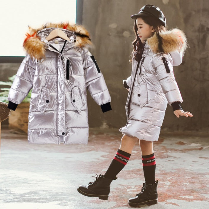 Children's bronzing shiny large fur collar cotton coat